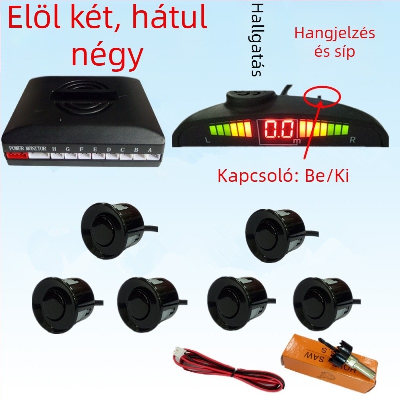 Visszafelé radar 4/6/8 szenzorral, riasztó hanggal és valós hanggal, félhold alakú képernyő, elöl és hátul radaros kép, modell CQ-1401