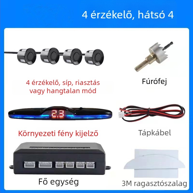 Visszafelé radar 4/6/8 szenzorral, riasztó hanggal és valós hanggal, félhold alakú képernyő, elöl és hátul radaros kép, modell CQ-1401