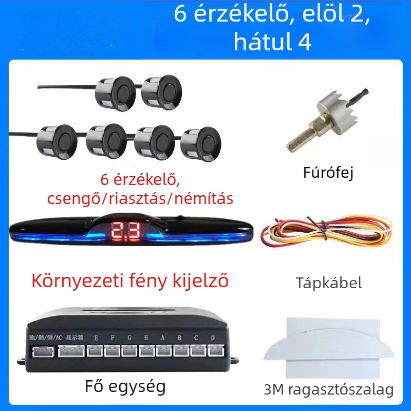 Visszafelé radar 4/6/8 szenzorral, riasztó hanggal és valós hanggal, félhold alakú képernyő, elöl és hátul radaros kép, modell CQ-1401