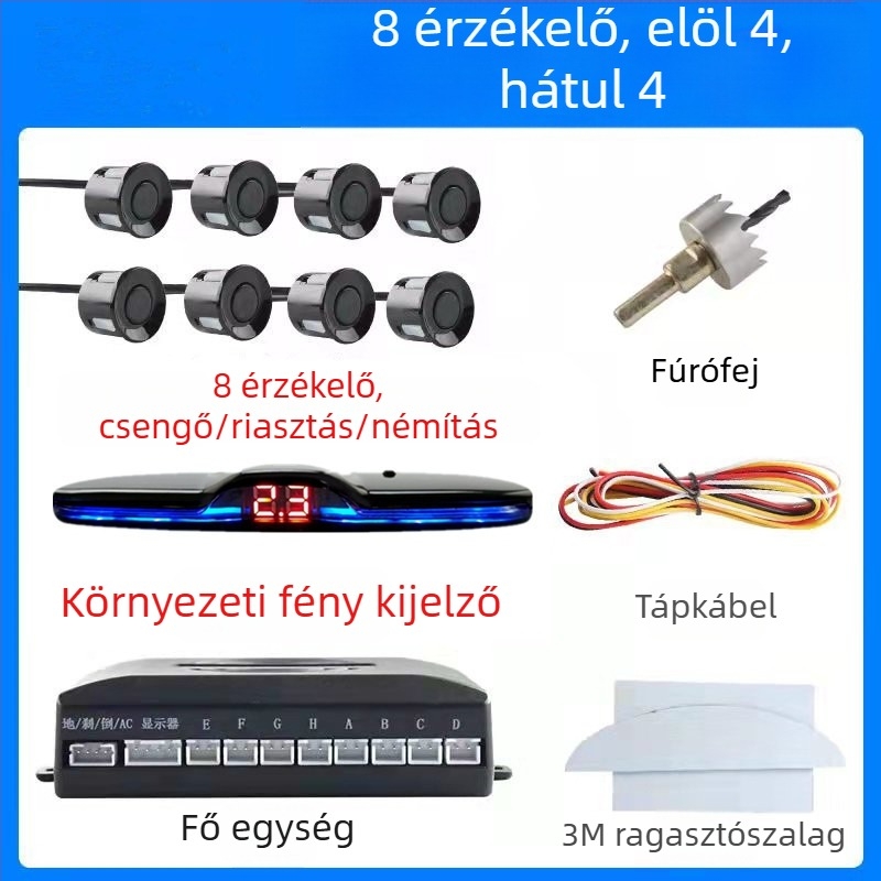 Visszafelé radar 4/6/8 szenzorral, riasztó hanggal és valós hanggal, félhold alakú képernyő, elöl és hátul radaros kép, modell CQ-1401