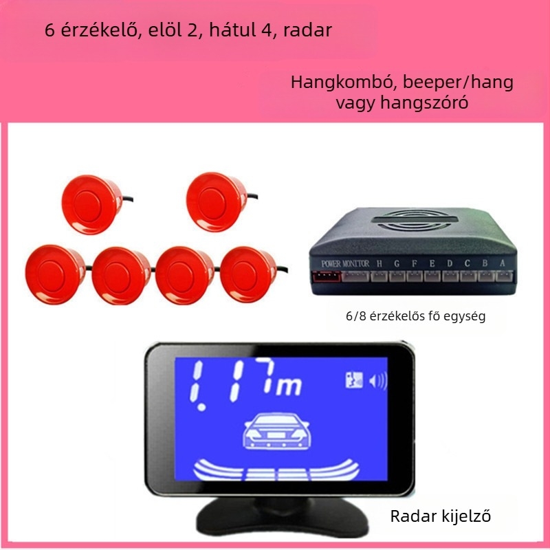 Visszafelé radar 4/6/8 szenzorral, riasztó hanggal és valós hanggal, félhold alakú képernyő, elöl és hátul radaros kép, modell CQ-1401
