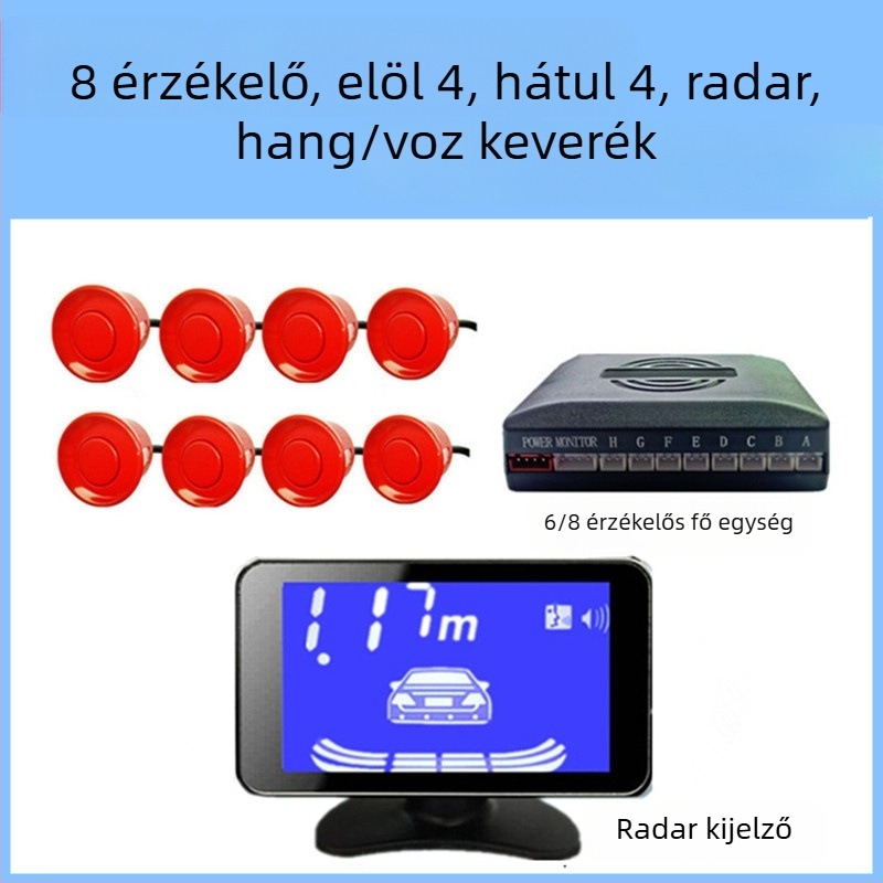 Visszafelé radar 4/6/8 szenzorral, riasztó hanggal és valós hanggal, félhold alakú képernyő, elöl és hátul radaros kép, modell CQ-1401