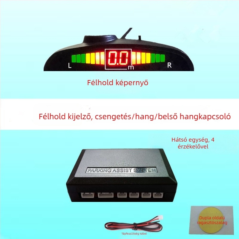 Visszafelé radar 4/6/8 szenzorral, riasztó hanggal és valós hanggal, félhold alakú képernyő, elöl és hátul radaros kép, modell CQ-1401