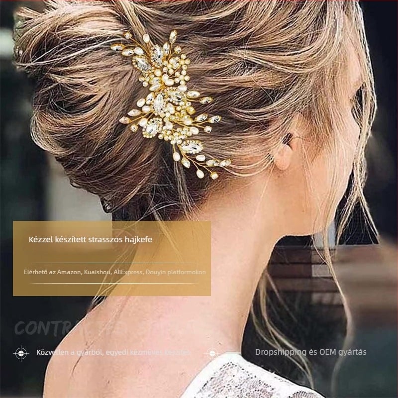 Kézzel készített hajcsat rézdrótból készült levél mintával, fehér kristályokkal, esküvői kiegészítő