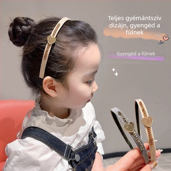 Gyerekeknek készült fejpánt szív alakú kristályokkal, csúszásmentes fogazott dizájn, kézzel készített textil kiegészítő, Koreai stílus