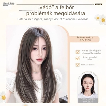 Női paróka, sapka nélküli teljes fejparóka, hosszú egyenes haj, koronai volumen, sima kiemelések