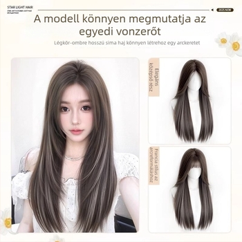 Női paróka, sapka nélküli teljes fejparóka, hosszú egyenes haj, koronai volumen, sima kiemelések