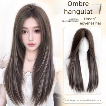 Női paróka, sapka nélküli teljes fejparóka, hosszú egyenes haj, koronai volumen, sima kiemelések