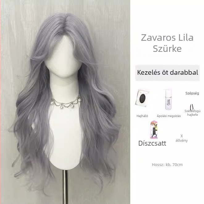 Koreai stílusú paróka lace-fronttal, hosszú göndör haj, diagonális frufru, teljes fejfedő, modell DM506-274