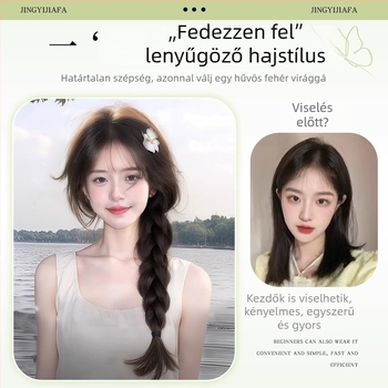 Női hajtöredék – láthatatlan és varratmentes, felső rész voluminos, elfedi az őszülő hajat, hosszú göndör paróka frufival; kézzel szőtt, protein-selyem hajból, festhető és dauerolható
