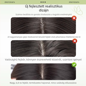 Női hajtöredék – láthatatlan és varratmentes, felső rész voluminos, elfedi az őszülő hajat, hosszú göndör paróka frufival; kézzel szőtt, protein-selyem hajból, festhető és dauerolható