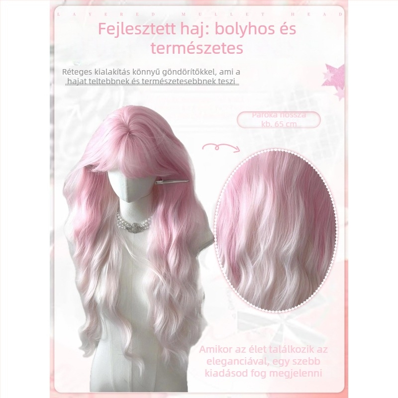 Hosszú göndör paróka víz-hullám textúrával, koreai stílus, hőálló rostok, univerzális illeszkedés (egyenes vagy ferde frufru)