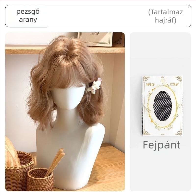 Rövid göndör paróka, koreai Lolita stílus, természetes édes megjelenés, hőálló rostok, teljes fedésű sapka, frufru, mechanizmusos feldolgozás, nem festhető és nem dauerolható