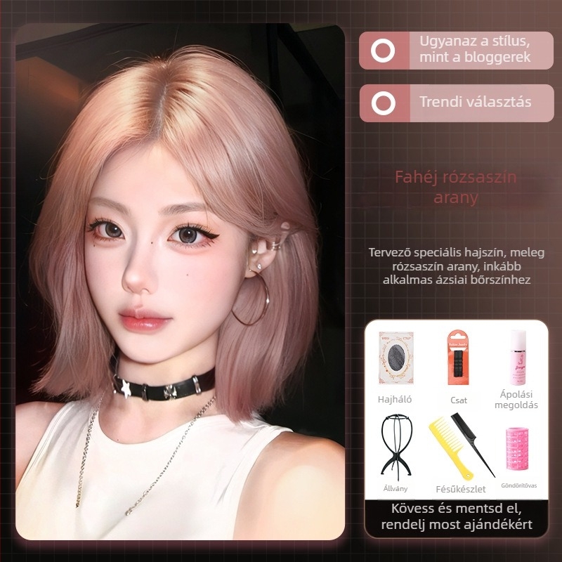 Női teljes paróka rövid, egyenes hajjal, koreai stílus, ferde frufru, hőálló rost, feldolgozási mechanizmus