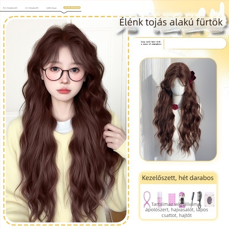 Paróka Kenny wig; hőálló szintetikus rost; hosszú göndör haj ferde frufruval; víz-hullám textúra