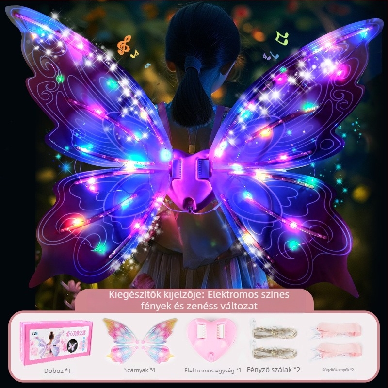 Gyerekeknek szóló fénylő szárnyak: pillangó- és angyal-elf szárnyak, háti kiegészítő (2024 nyári kiadás)