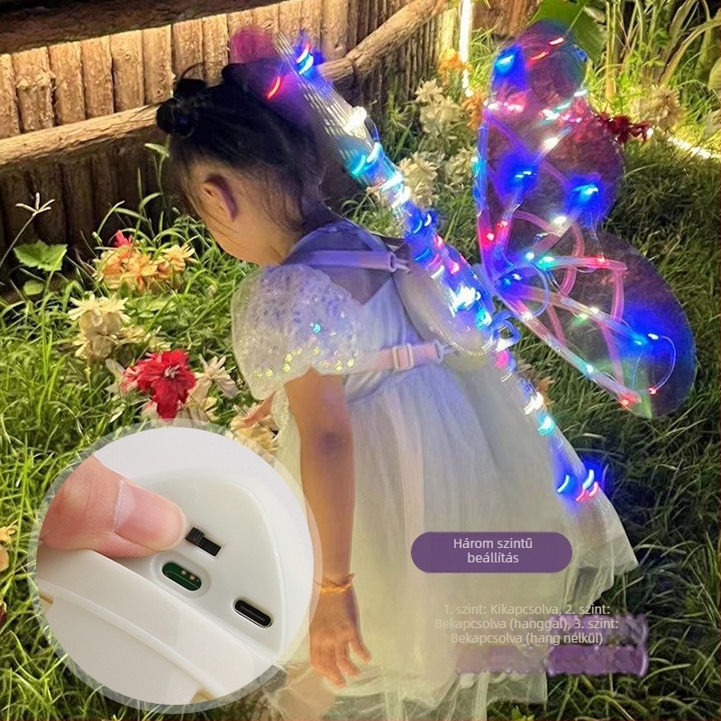 LED világító tündérszárnyak – játék, pillangó dizájn, hátoldali rész, műanyagból, 4–6 éveseknek