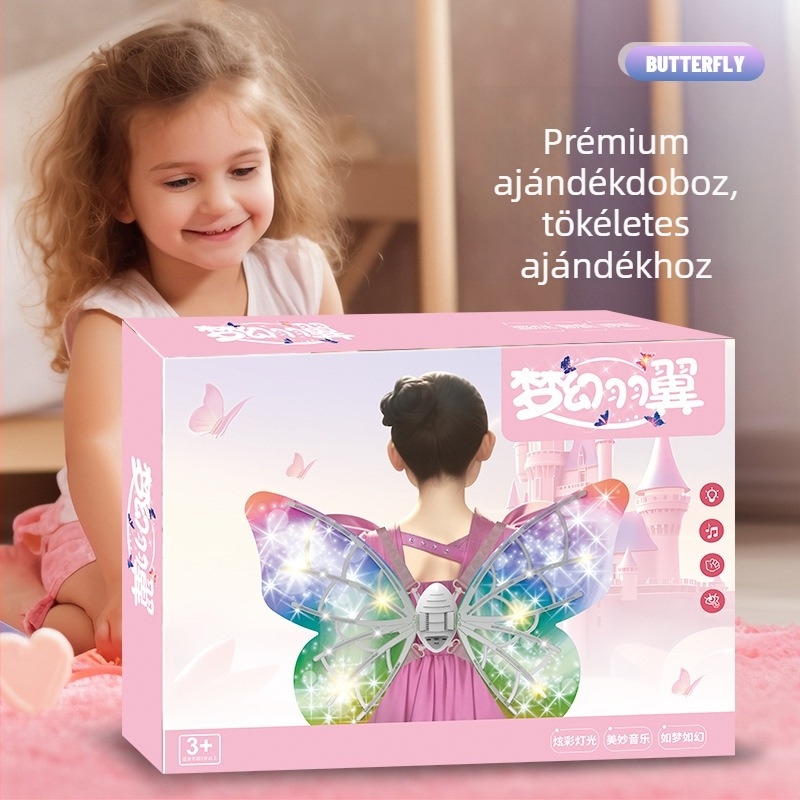LED világító tündérszárnyak – játék, pillangó dizájn, hátoldali rész, műanyagból, 4–6 éveseknek