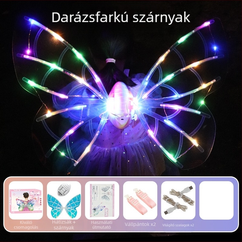 LED világító tündérszárnyak – játék, pillangó dizájn, hátoldali rész, műanyagból, 4–6 éveseknek