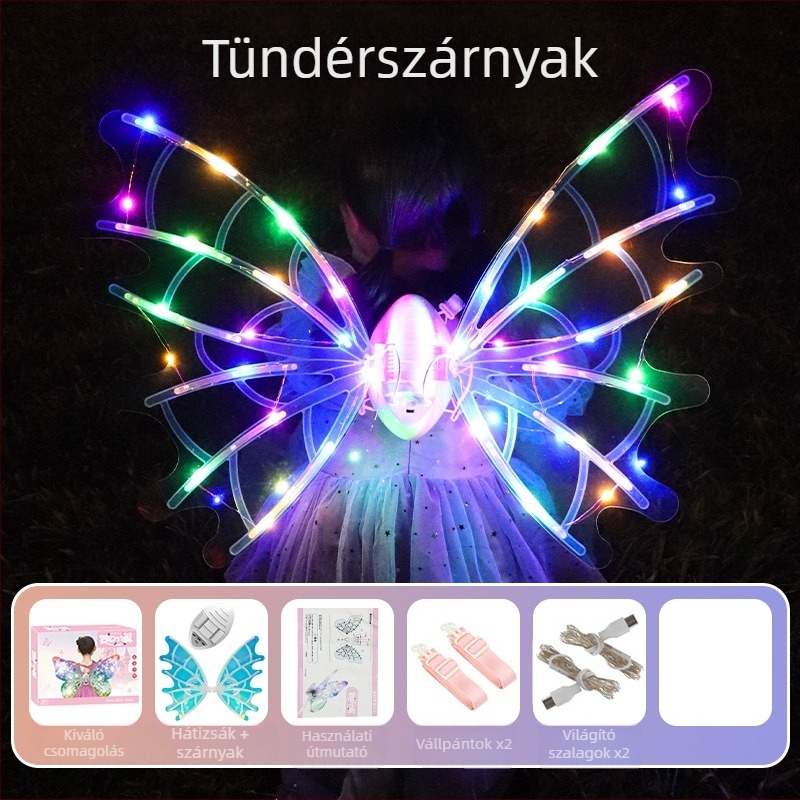 LED világító tündérszárnyak – játék, pillangó dizájn, hátoldali rész, műanyagból, 4–6 éveseknek
