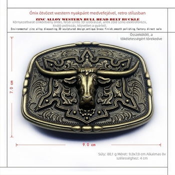 BULLZINE Cinköntvözet övcsat tehénfej dizájnnal, 03752-2, nyugati cowboy stílus, sima csat, ókori ón bevonattal