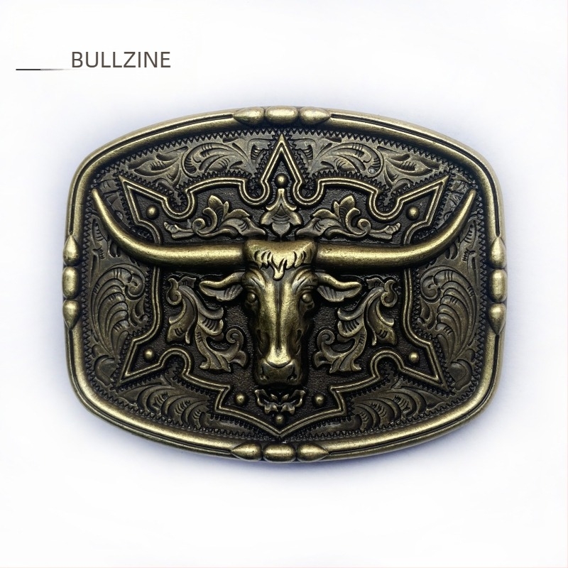 BULLZINE Cinköntvözet övcsat tehénfej dizájnnal, 03752-2, nyugati cowboy stílus, sima csat, ókori ón bevonattal