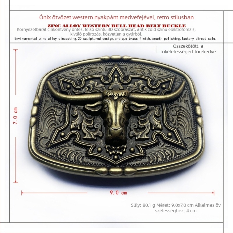 BULLZINE Cinköntvözet övcsat tehénfej dizájnnal, 03752-2, nyugati cowboy stílus, sima csat, ókori ón bevonattal