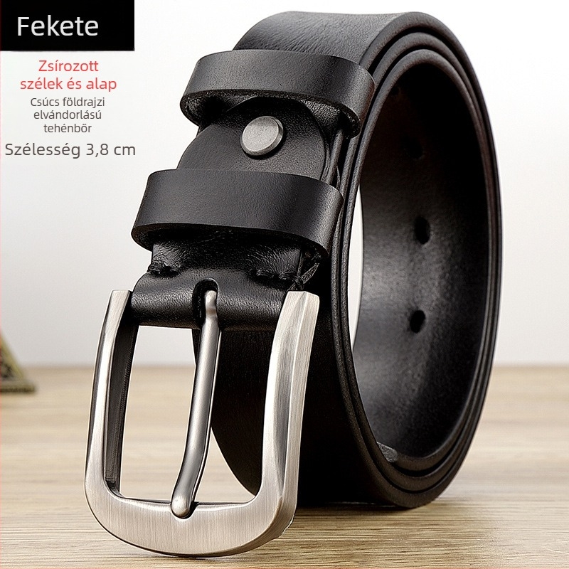 Férfi valódi bőrből készült öv, első réteg tehénbőrből, ötvözet csat, tűcsat, szélesség 2–4 cm
