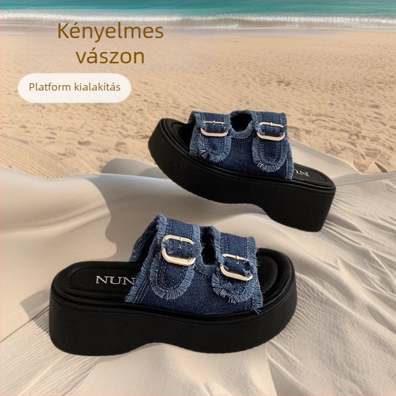 Denim platformos papucs egy pánttal – kerek orrú, gumitalpú, márka Jianbu, 2025 tavaszi megjelenés