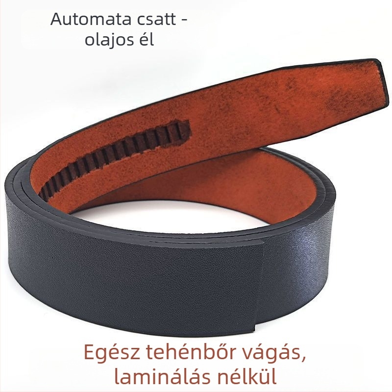 Öv természetes bőrből, két réteg marhabőrből, automata csattal, ötvözetes hardverrel, szélesség 2–4 cm