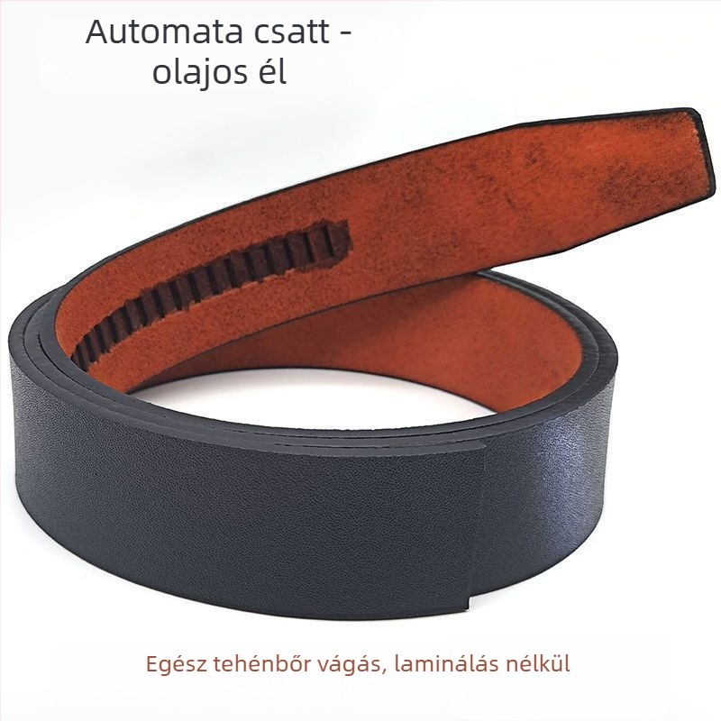 Öv természetes bőrből, két réteg marhabőrből, automata csattal, ötvözetes hardverrel, szélesség 2–4 cm