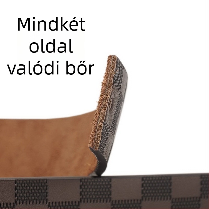 Férfi bőröv — tehénbőr, ötvözetű csat, tűcsattal, szélesség 2–4 cm, kétszínű bőrrel gravírozott négyzet mintázat