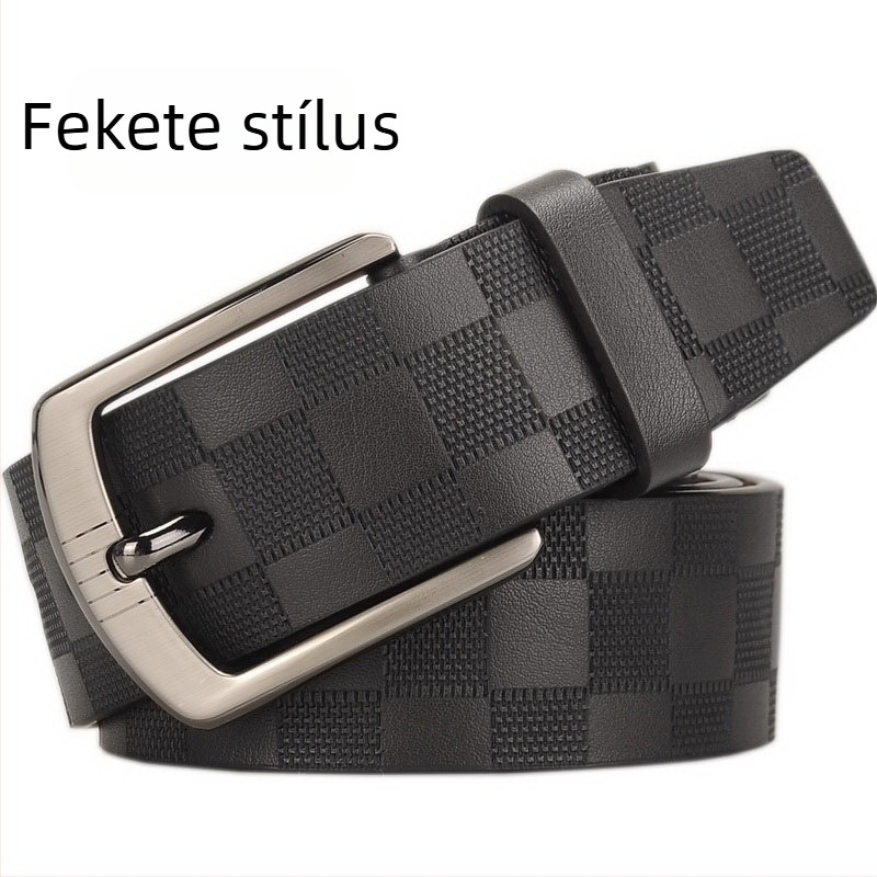 Férfi bőröv — tehénbőr, ötvözetű csat, tűcsattal, szélesség 2–4 cm, kétszínű bőrrel gravírozott négyzet mintázat