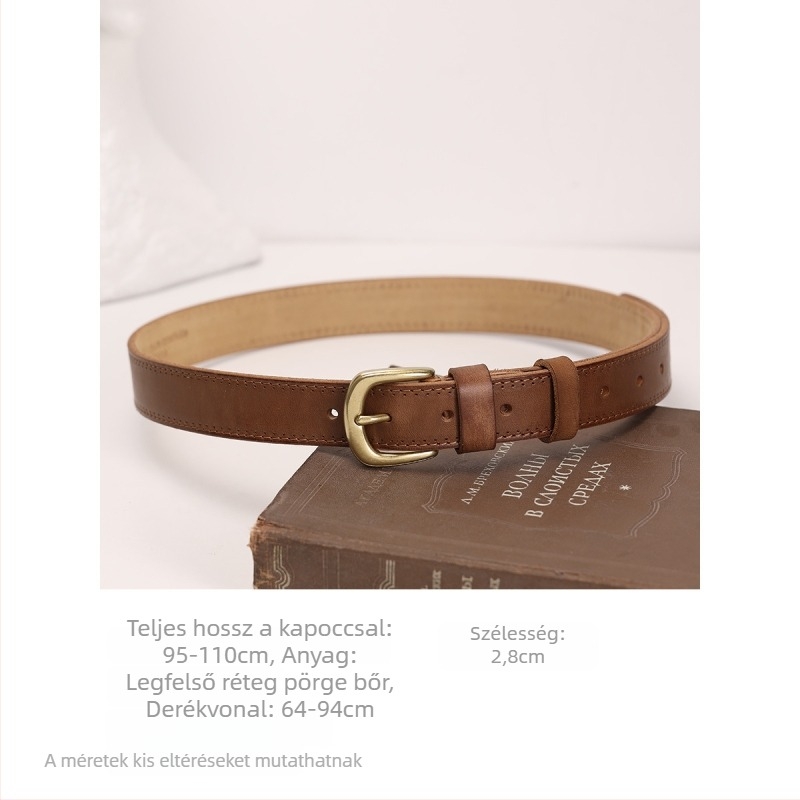 Első réteg marhabőrből készült öv, réz csattal (tűs csattal), kézműves munka, szélesség 2-4 cm, sokoldalú és elegáns