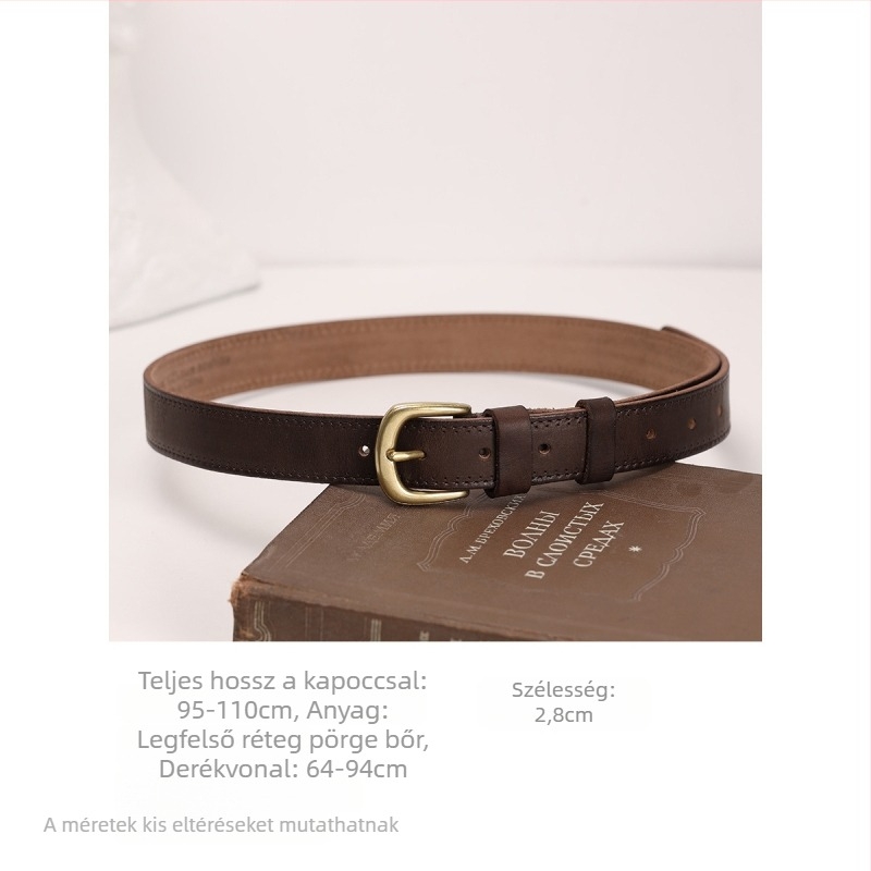 Első réteg marhabőrből készült öv, réz csattal (tűs csattal), kézműves munka, szélesség 2-4 cm, sokoldalú és elegáns