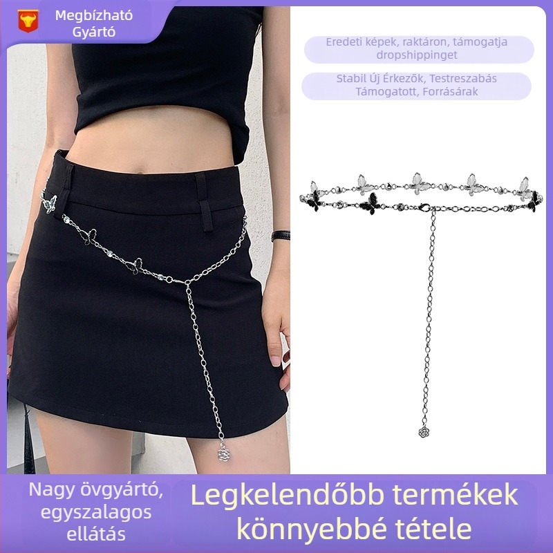 Női derékszíj lánc pillangó motívummal — fém, 110 cm hosszú, irodai stílus