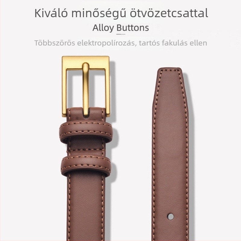 Valódi bőrből készült öv, két réteg marhabőrből, ötvözetű csattal, tűcsattal, szélesség 2–4 cm, univerzális, egyszerű stílus.