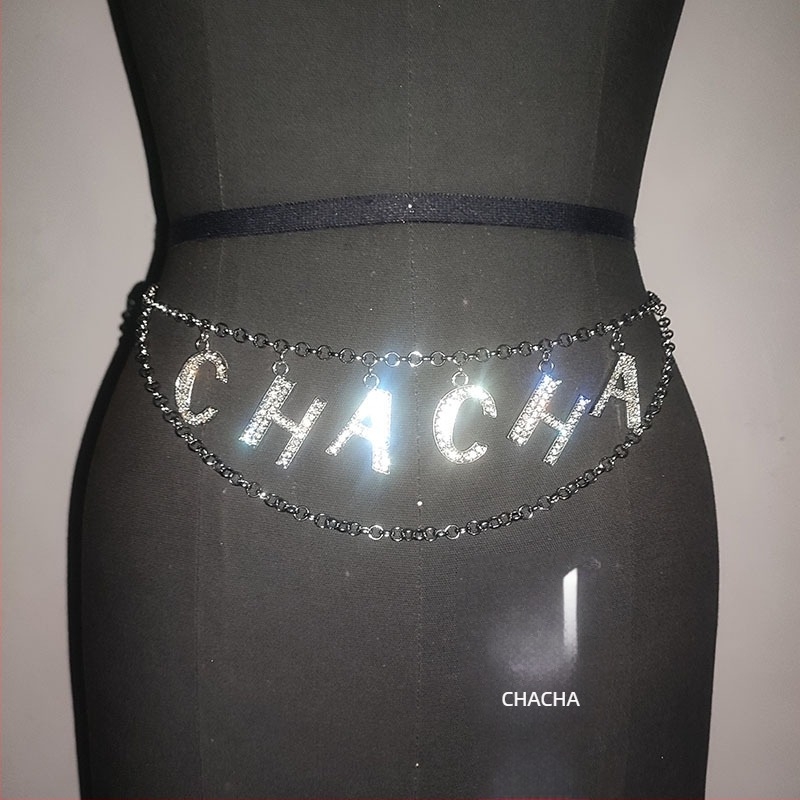 Fém rhinestone CHACHA csípőlánc, 80-100 cm hosszú, szélesség 1-30, egyhurok, nőknek és fiataloknak