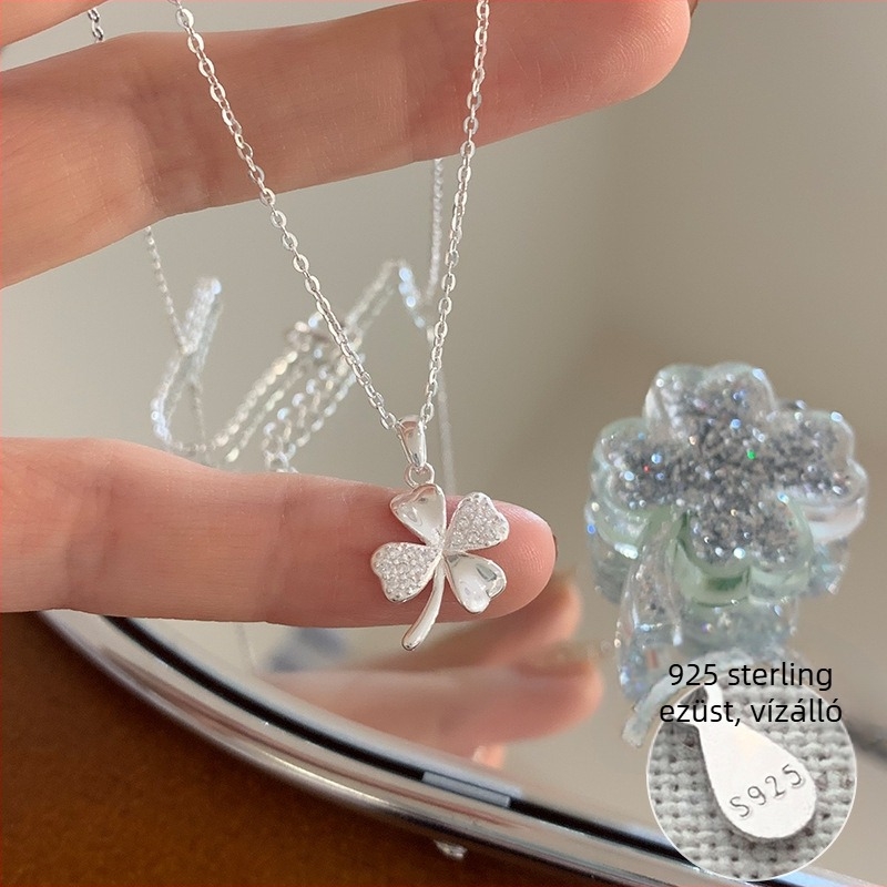 Női nyaklánc ezüst cirkónnal, négylevelű lóhere, japán–koreai stílus, 2025 tavasz (Anyag: Ezüst; Stílus: Japán–Koreai; Év/Szezon: Tavasz 2025)