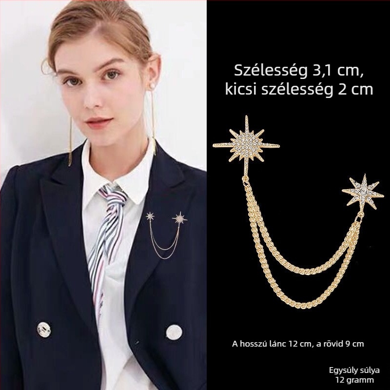 Ötvözetből készült gallérklipsz/brooch, tassel lánccal, uniszex stílus, csillag konstellációs dizájn, elektroplatinált felület