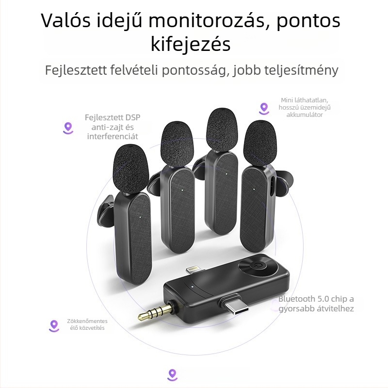 H18 1–4 vezeték nélküli lavalier mikrofon, 3–in–1 interfész élő közvetítéshez és telefonos felvételhez, zajcsökkentés, Bluetooth 5.3, beépített 500–800 mAh akkumulátor