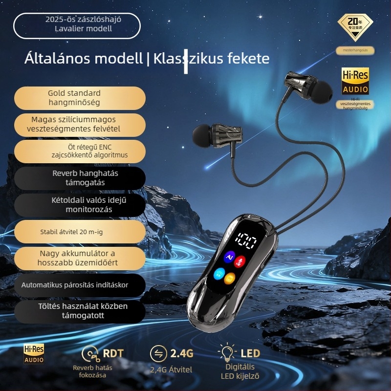 Karaoke Lavalier Bluetooth fülhallgató fülre rögzíthető kivitelben – Bluetooth 6.0, dupla kapcsolódás, memóriakártya-támogatás, reverberáció és zajcsökkentés