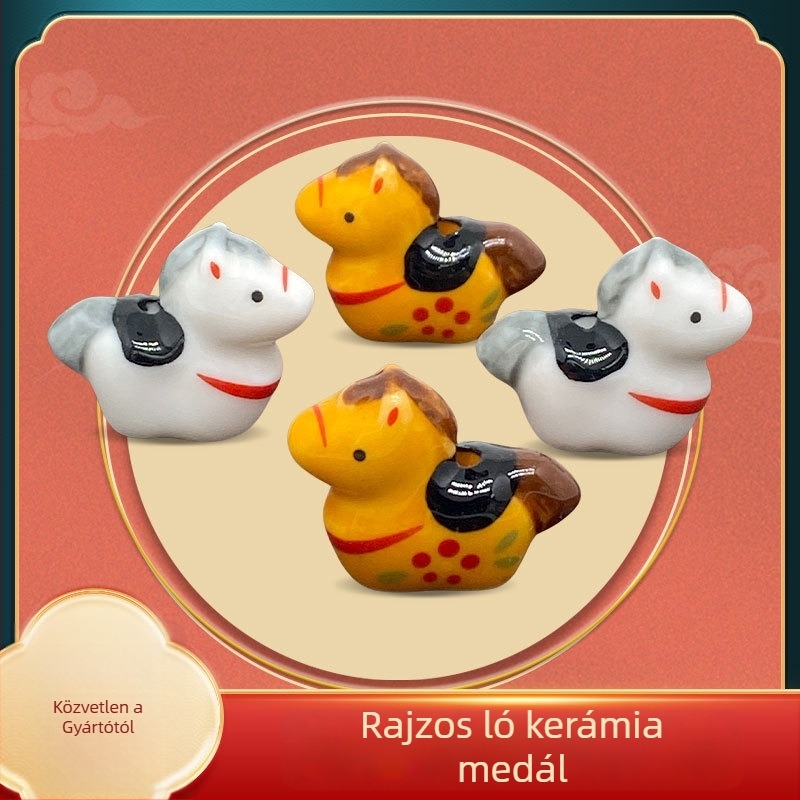 DIY kerámia gyöngyök – szabadon füzhető, ló motívummal, kézzel festett és glazúrozott; márka Double hair; nyár 2025