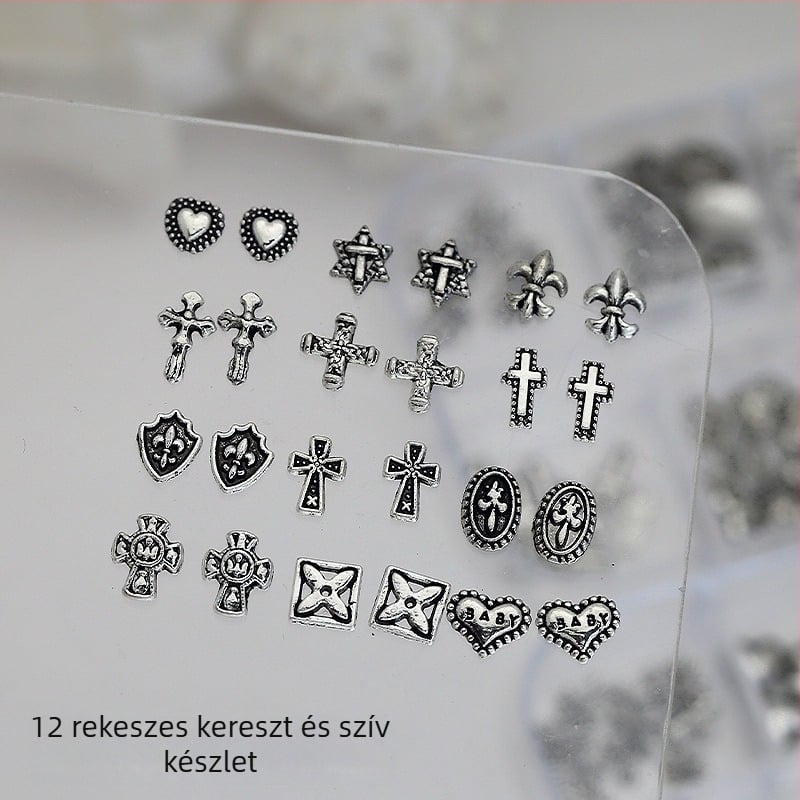 Manikűr díszítés: Kereszt és Szív mintázat, Fémes keresztes ötvözet gyémántdíszítéssel, 12 rekeszes doboz