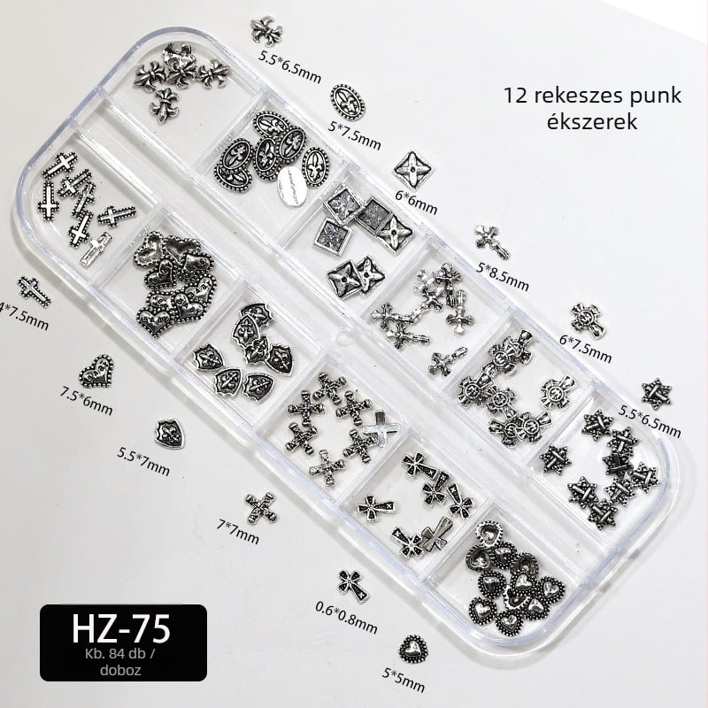 Manikűr díszítés: Kereszt és Szív mintázat, Fémes keresztes ötvözet gyémántdíszítéssel, 12 rekeszes doboz