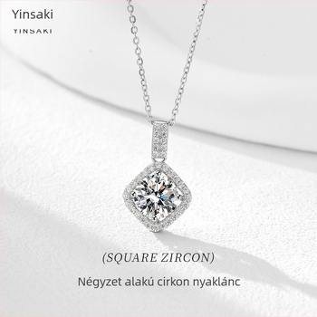 Női S925 ezüst nyaklánc, cirkón köves medál, négyszögletes geometriai mintázat, kulcscsont-nyaklánc