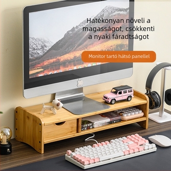 Két szintes bambusz monitorállvány asztali tárolópolccal, csavarozható felszereléssel