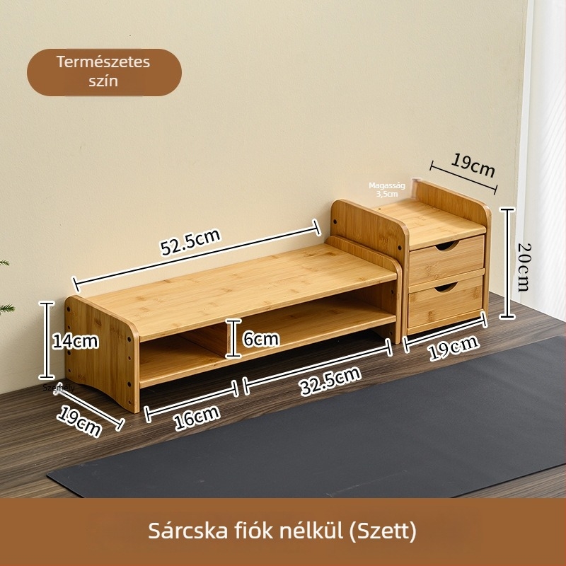 Két szintes bambusz monitorállvány asztali tárolópolccal, csavarozható felszereléssel