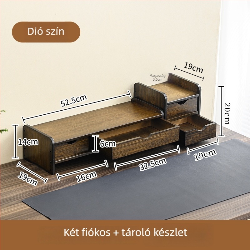 Két szintes bambusz monitorállvány asztali tárolópolccal, csavarozható felszereléssel