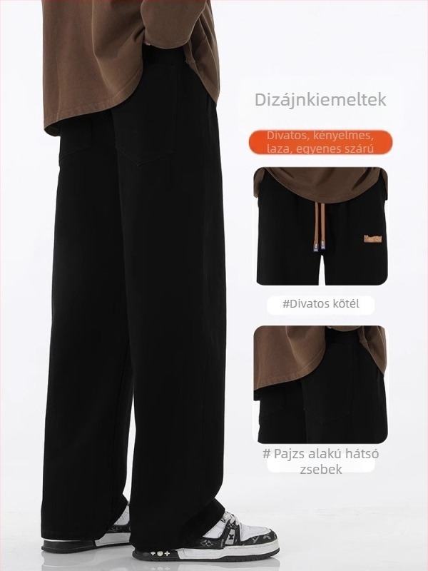 Férfi magas derekú denim farmer 70% pamut, húzókötős zárás, egyenes szárú, hip-hop casual stílus patch díszítéssel